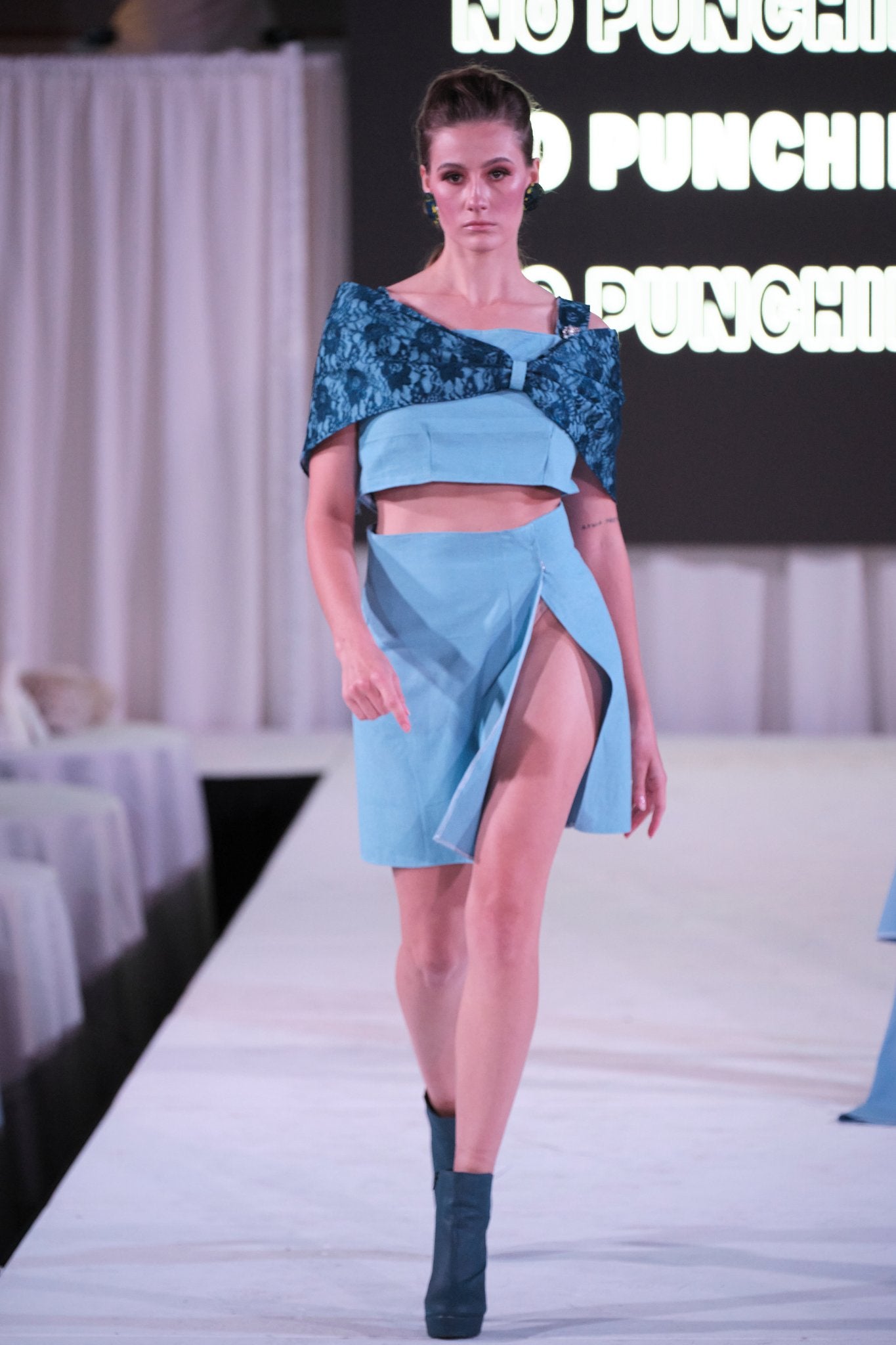 Light Blue Off the Shoulder Crop Top and Skirt Set