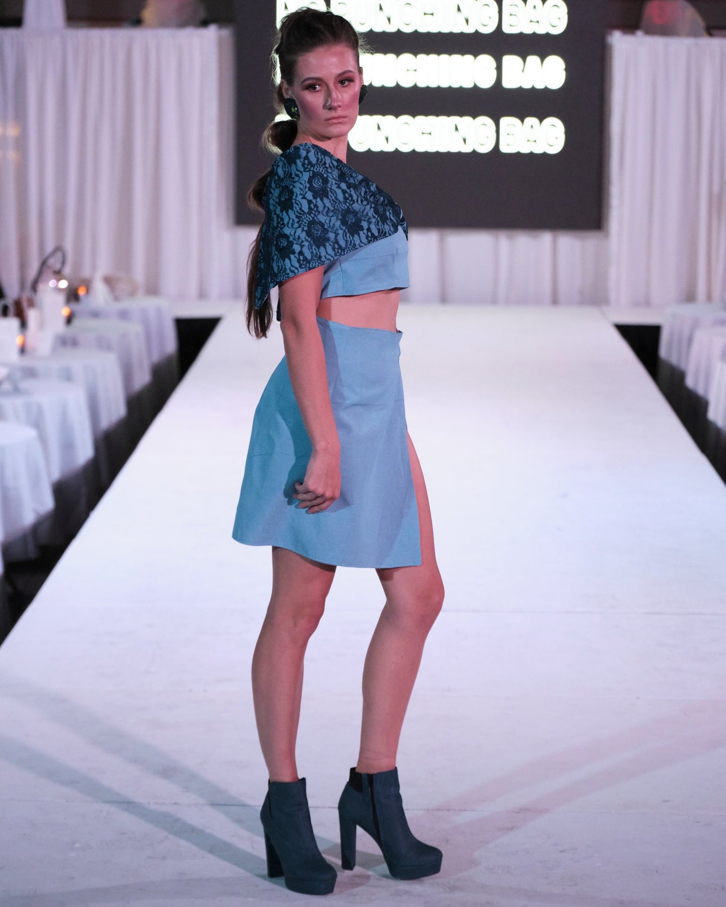 Light Blue Off the Shoulder Crop Top and Skirt Set
