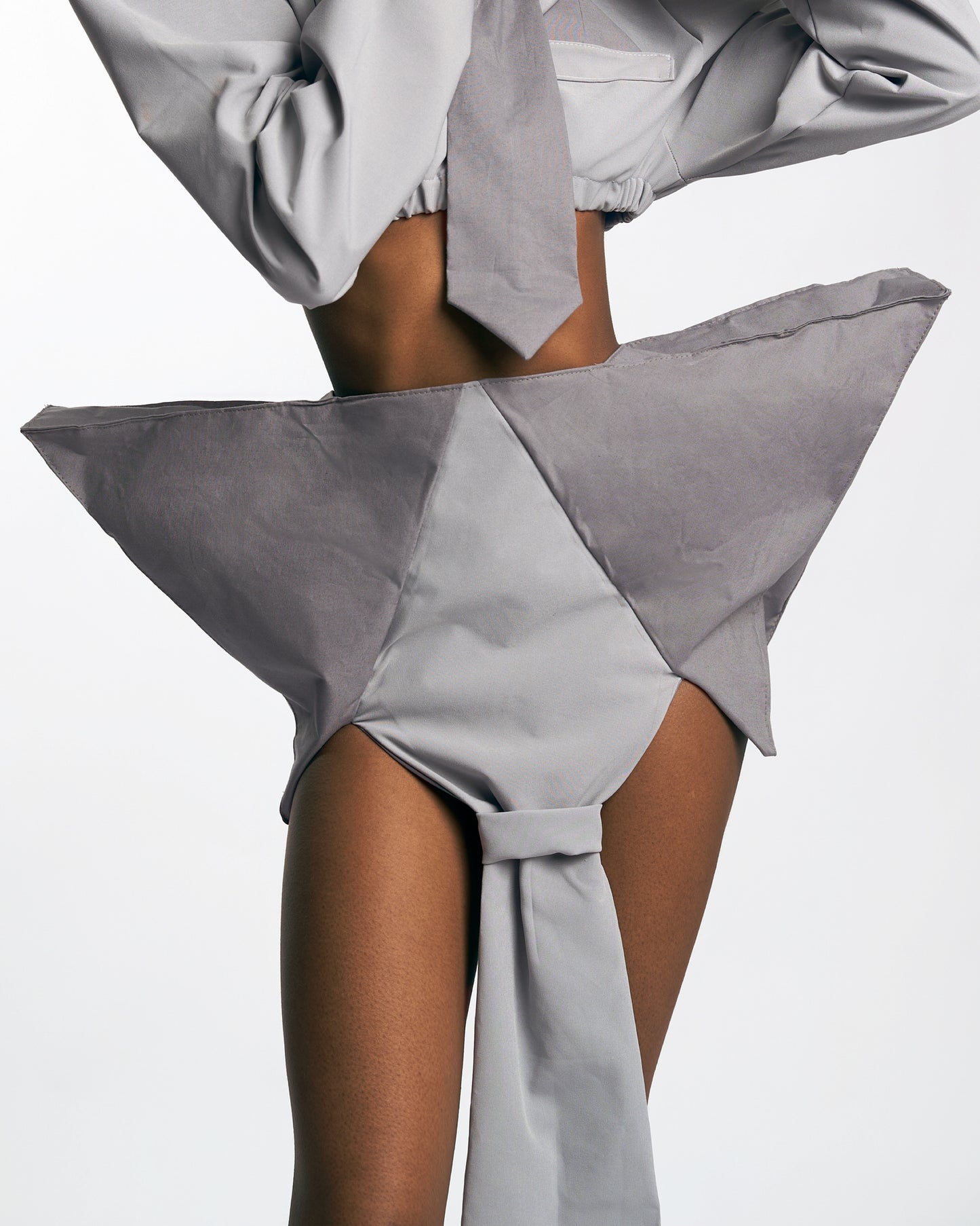 Grey Oversize Collar & Tie High Waist Skirt
