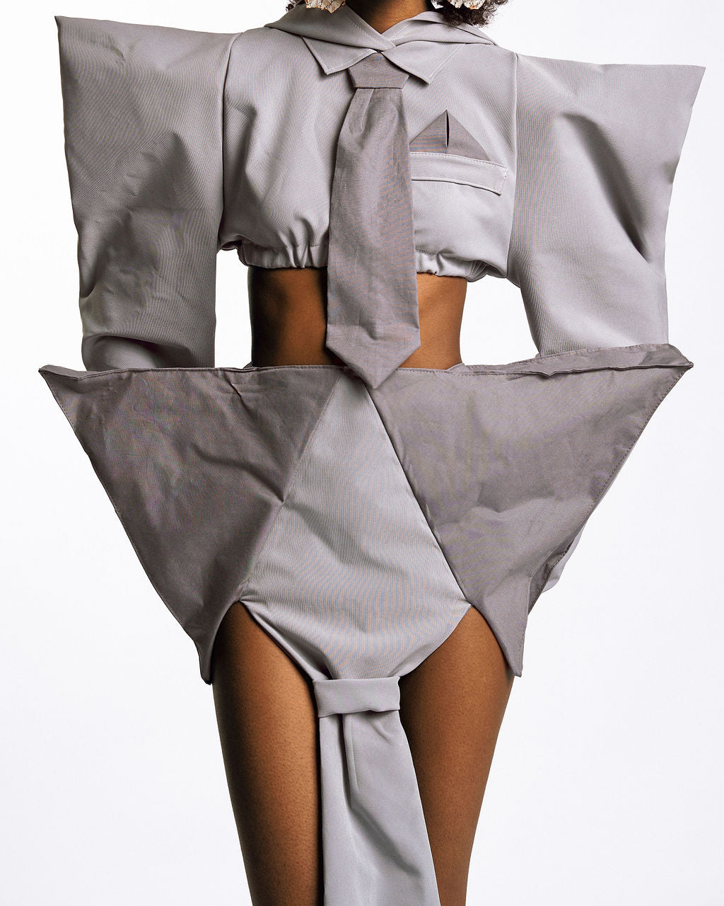 Grey Oversize Collar & Tie High Waist Skirt
