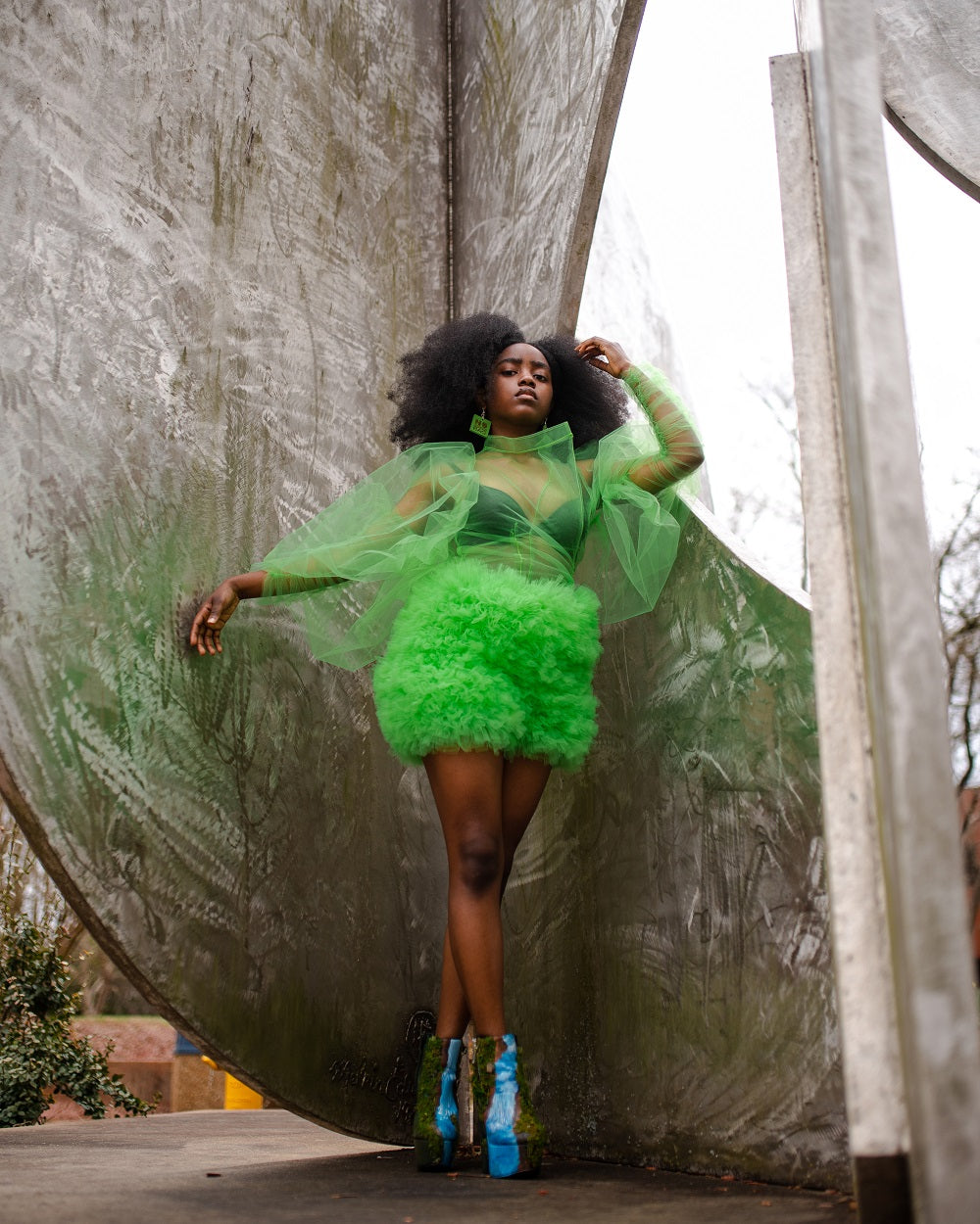 Green Tulle Puff Sleeve Top