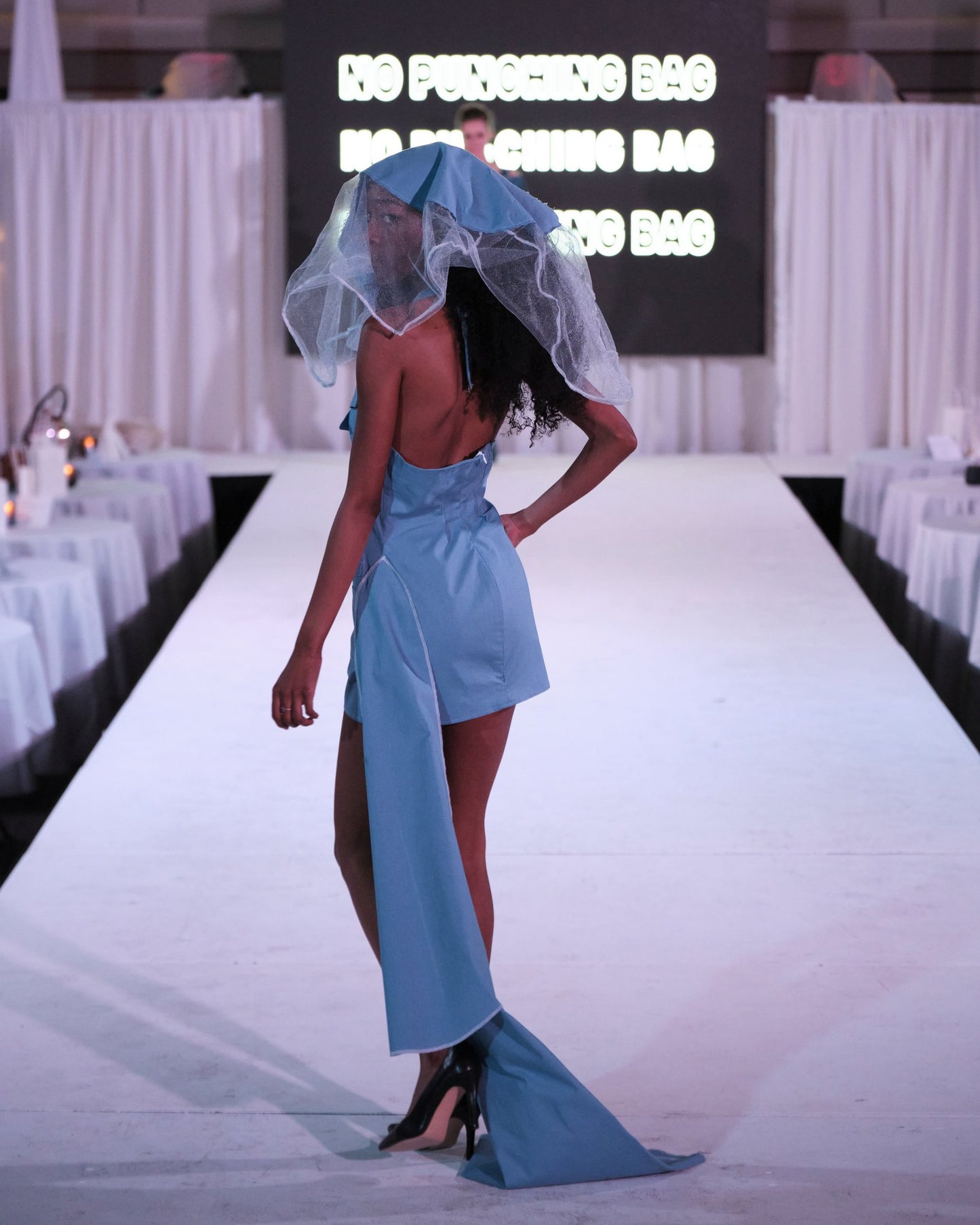 Light Blue Asymmetrical Halter Mini Dress w/ Veil