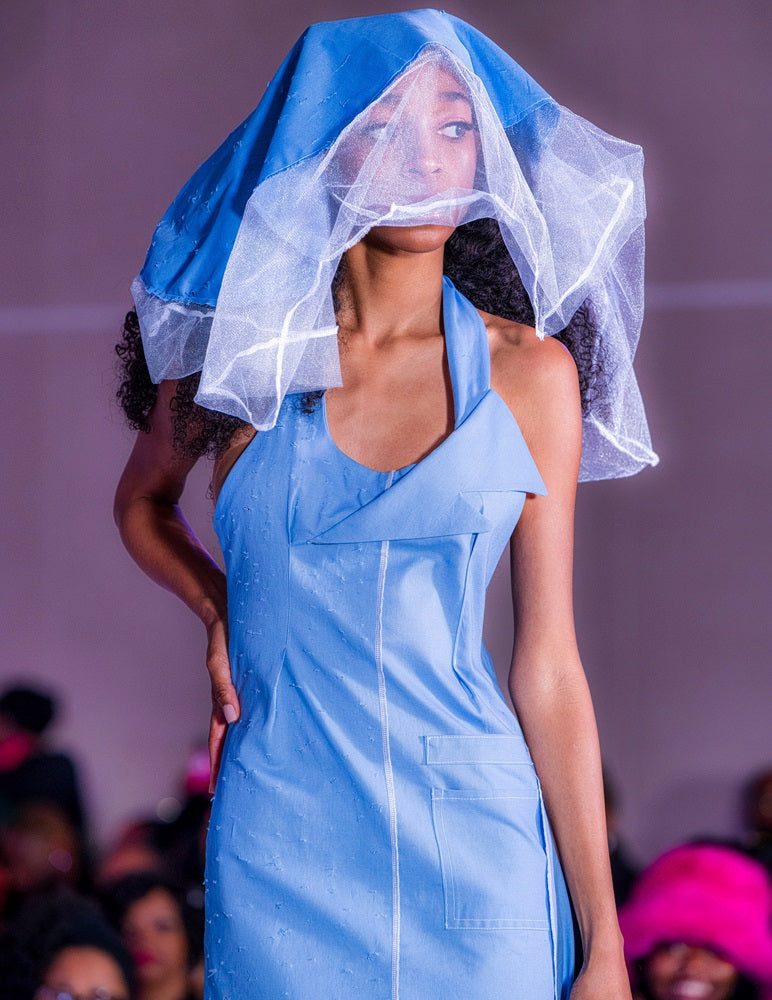 Light Blue Asymmetrical Halter Mini Dress w/ Veil