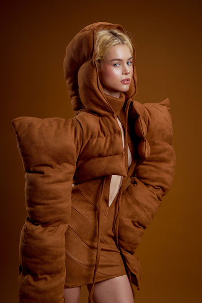 Brown Suede Hooded Puffer Jacket