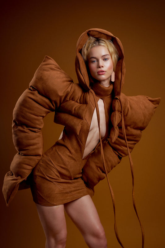 Brown Suede Hooded Puffer Jacket