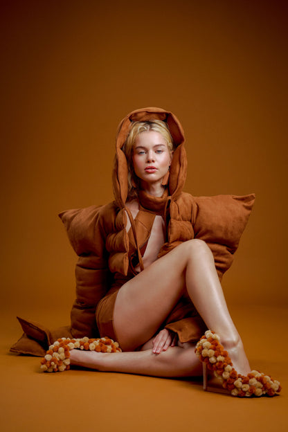 Brown Suede Hooded Puffer Jacket