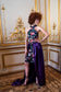 Purple flower knee length gown with detachable purple satin train.