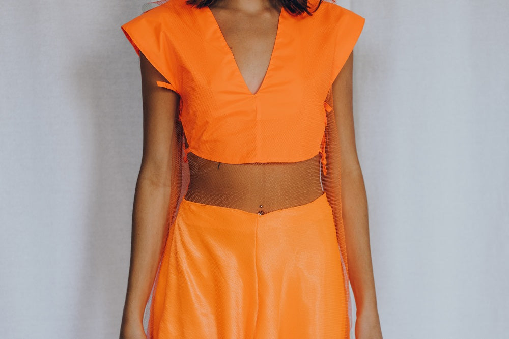 Neon Orange Vinyl V neck crop top