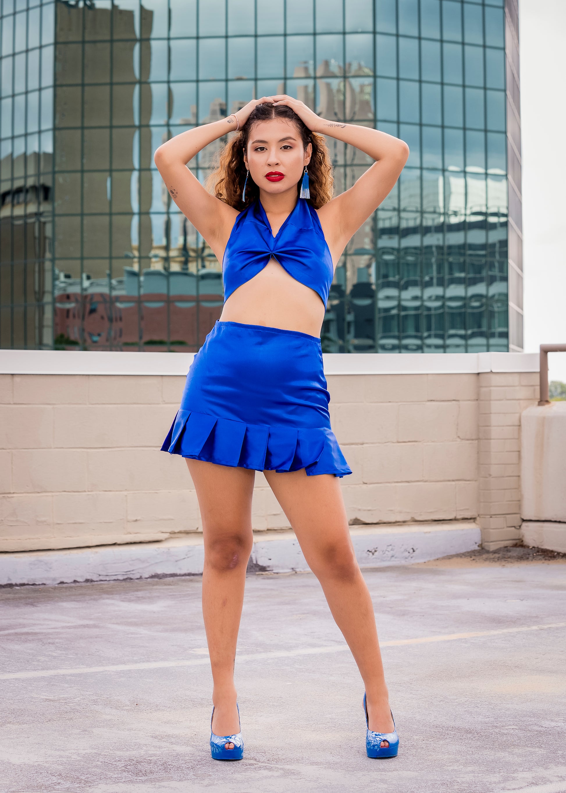 Blue Pleated Mini Skirt