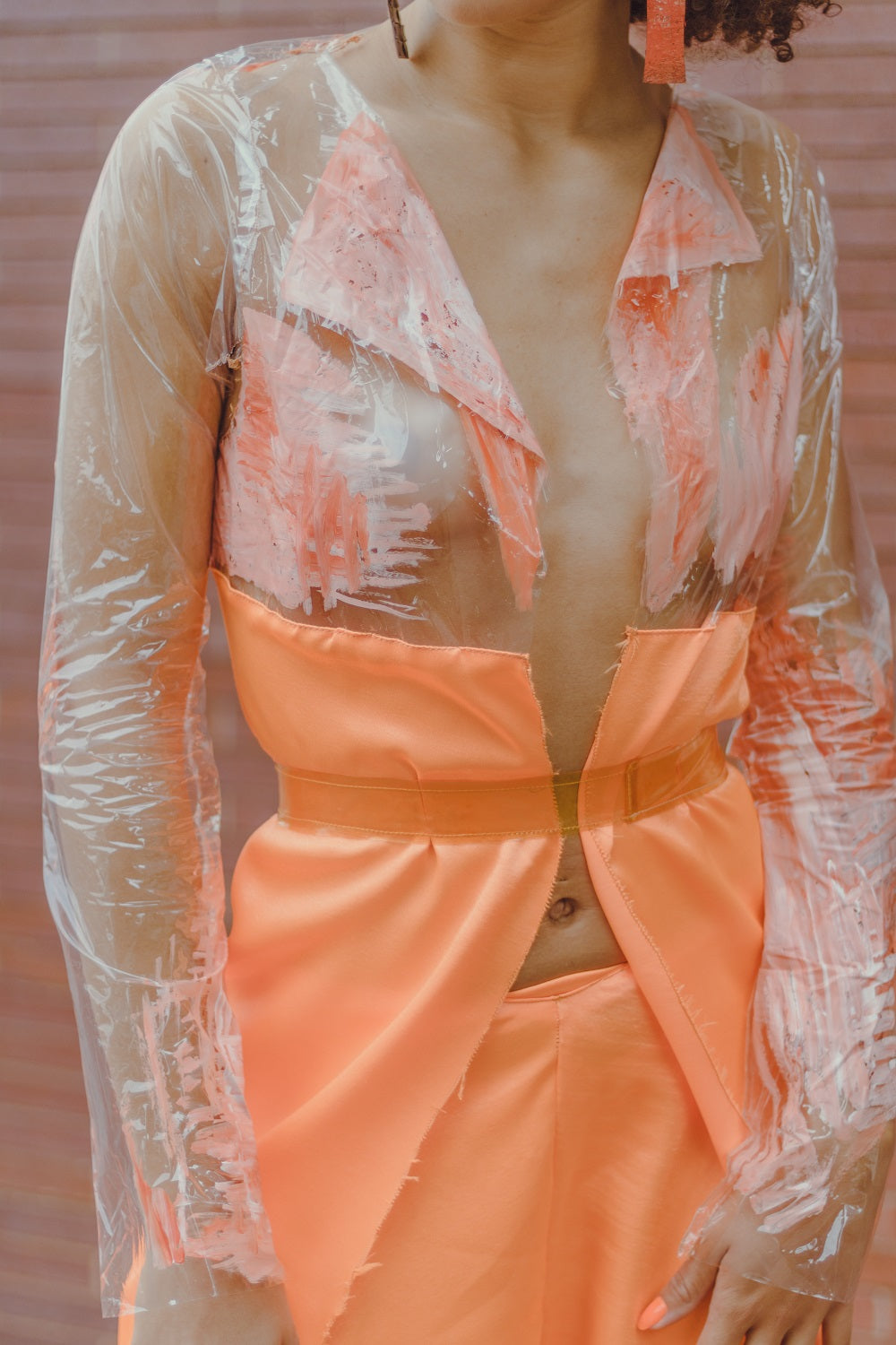 Clear Vinyl Orange Blazer and Satin Pants Set